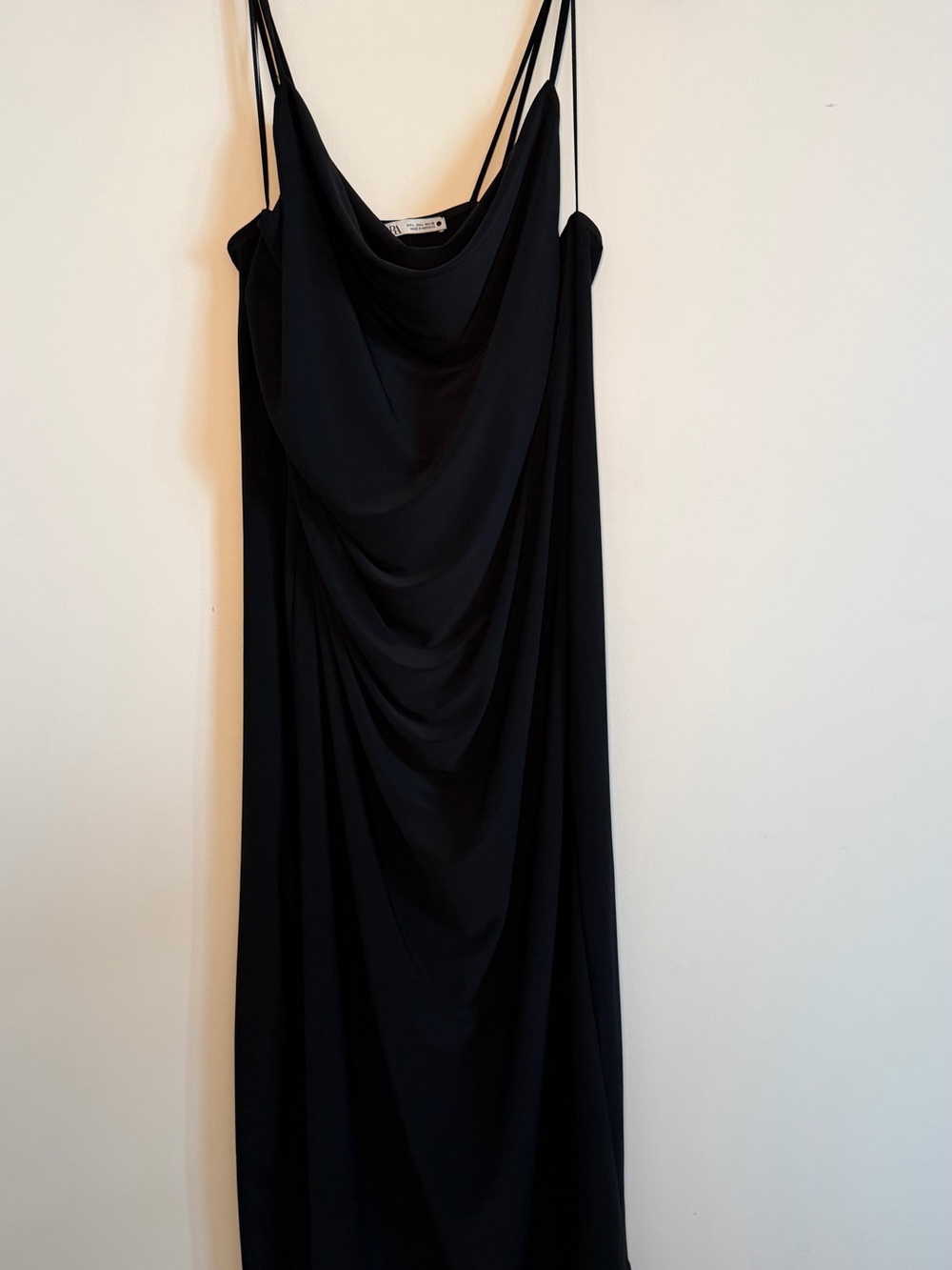 Zara Black Cowl Midi Slip Dress with Double Spaghetti Straps
